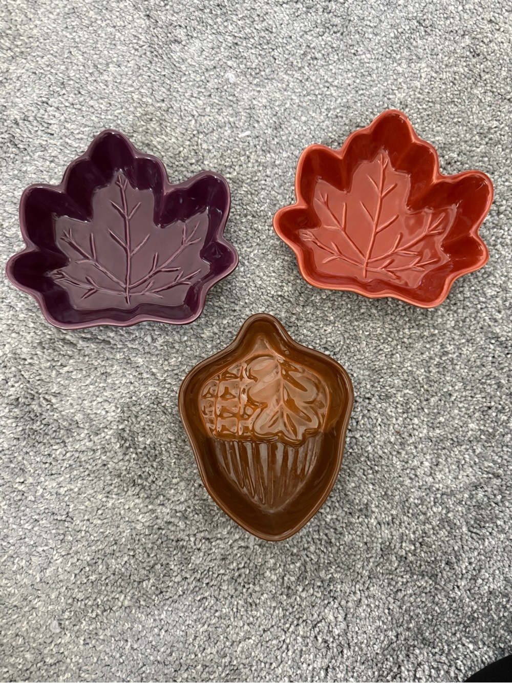 Small 5” Autumn Leaf and Acorn Ceramic Serving Dishes - Purple, Rust, Brown